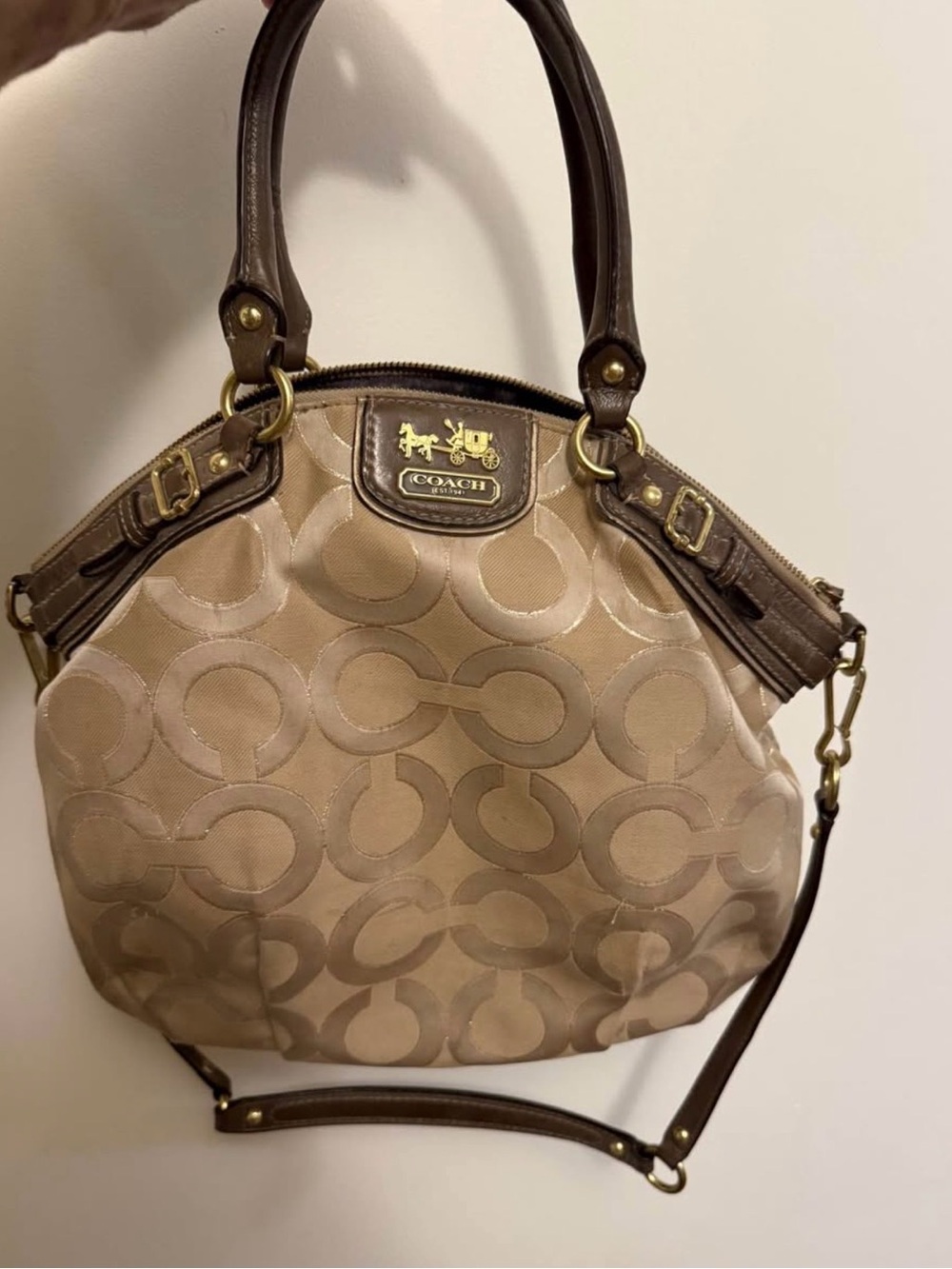 Coach Beige and Dark Brown Signature Shoulder Bag